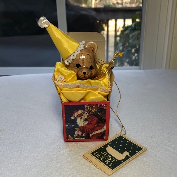Vintage JUST DUCKY  Porcelain Circus Bear in Christmas Box Ornament - Picture 1 of 6